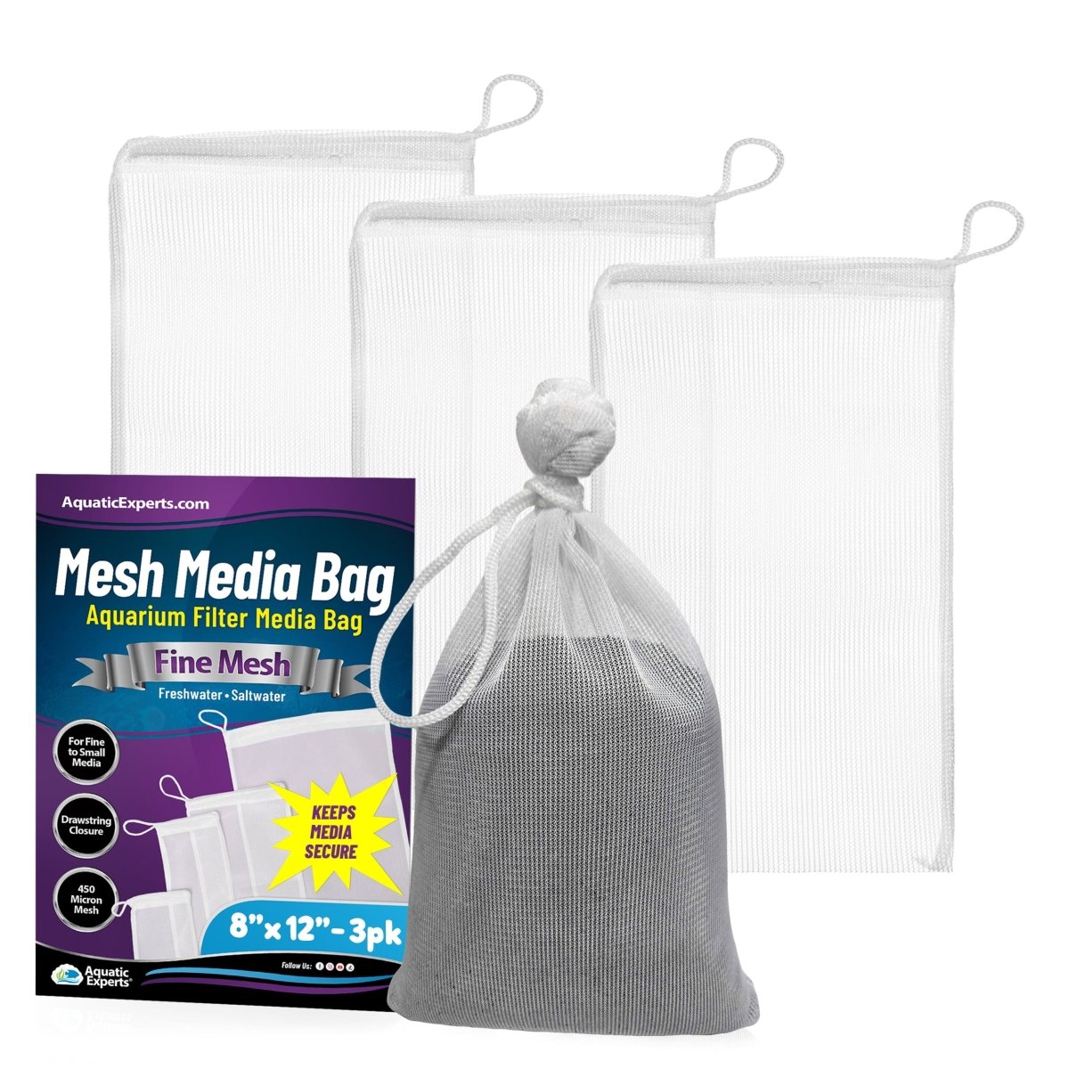 Aquarium filter media bags fine mesh 3-pack with drawstring, 8x12 inches for freshwater or saltwater