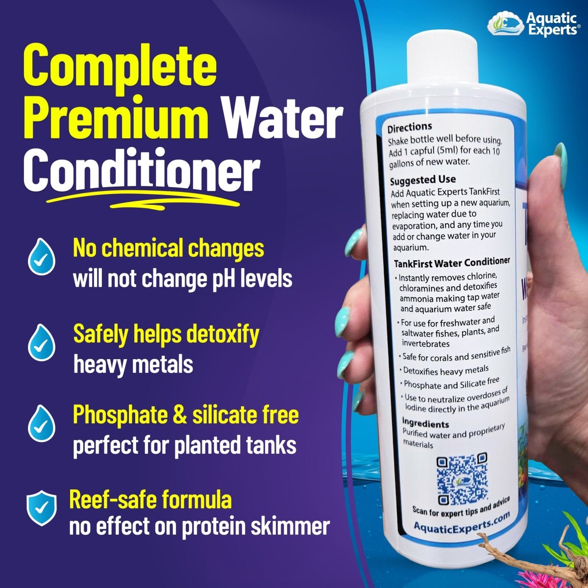 Person holding Aquatic Experts TankFirst water conditioner bottle, aquarium-safe detoxifier for freshwater and saltwater fish tanks, phosphate and silicate free.