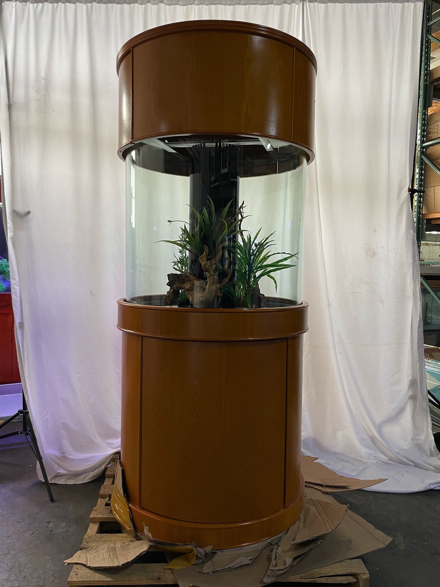 100 Gallon Glass Full Cylinder Aquarium Minor Blemish Reef-Ready Aquarium in Golden Oak Real Wood Furniture