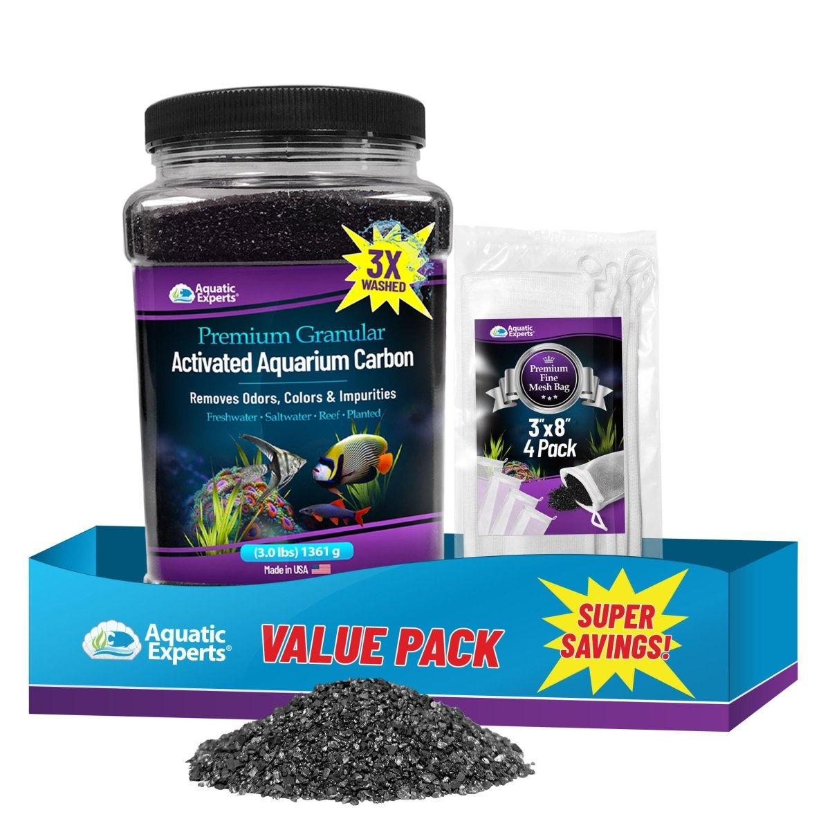 Aquarium activated carbon value pack with mesh filter bags for fish tank water purification