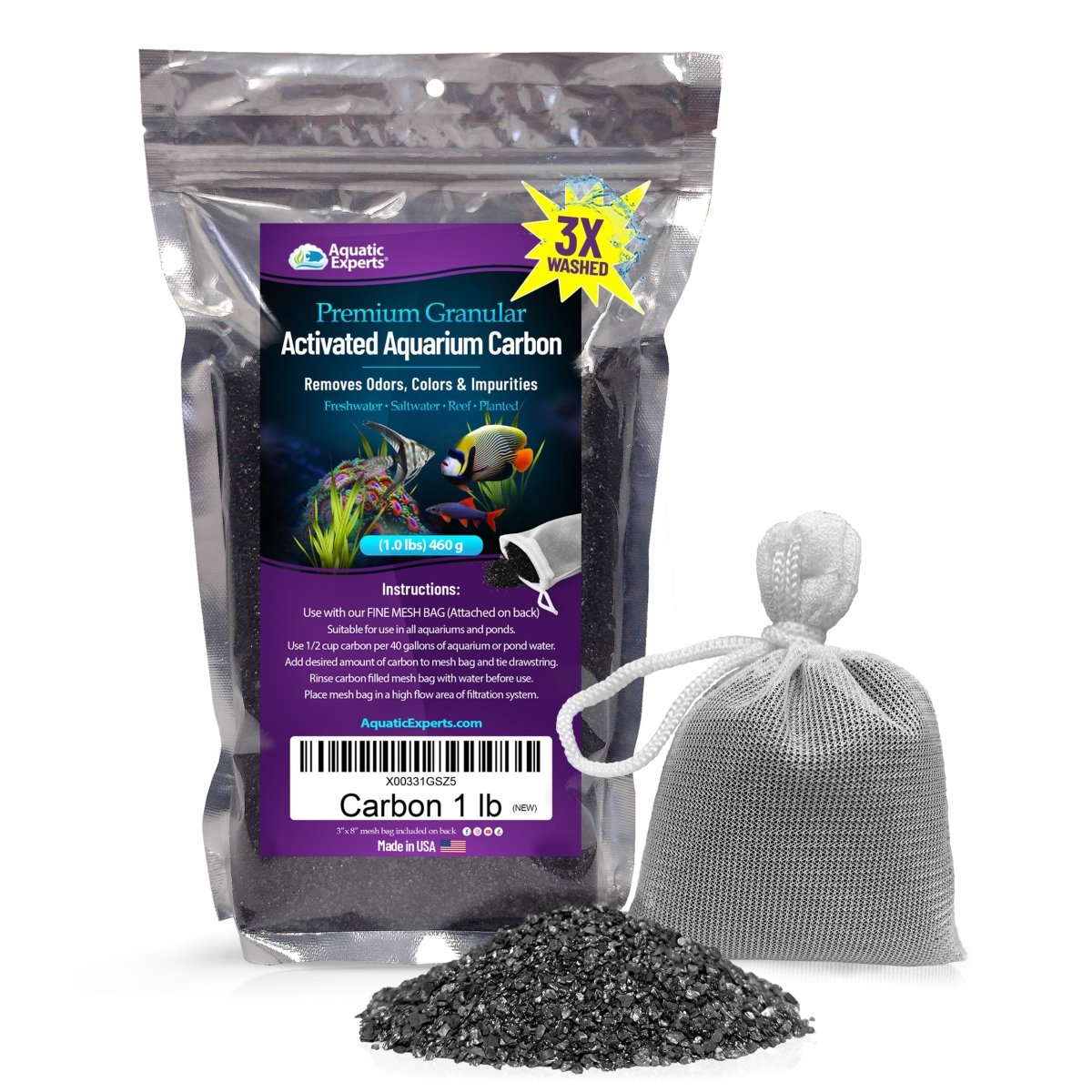 Premium granular activated aquarium carbon 1 lb package with filter bag and carbon granules for fish tanks