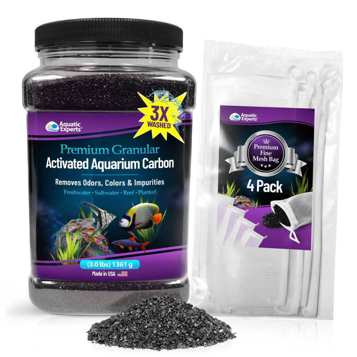 Premium granular activated aquarium carbon in a plastic jar with mesh filter bags, used for removing odors, colors, and impurities in freshwater, saltwater, and planted tanks.