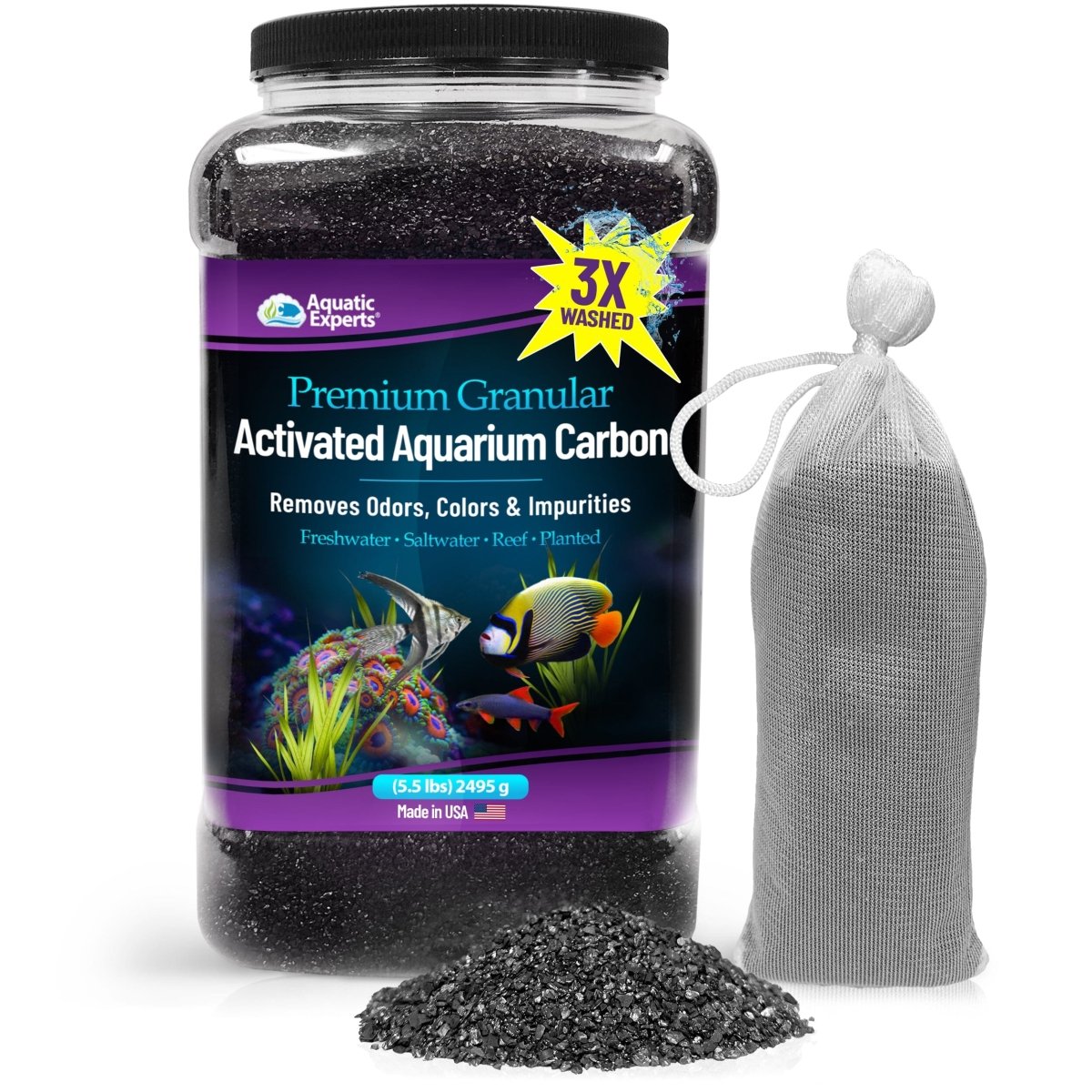 Premium granular activated aquarium carbon container, mesh bag, and loose carbon granules