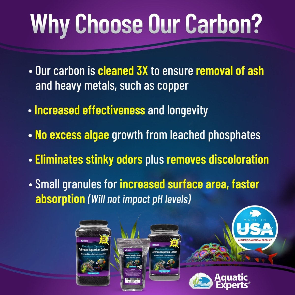 Activated aquarium carbon packaging with key benefits for clean, healthy fish tanks.