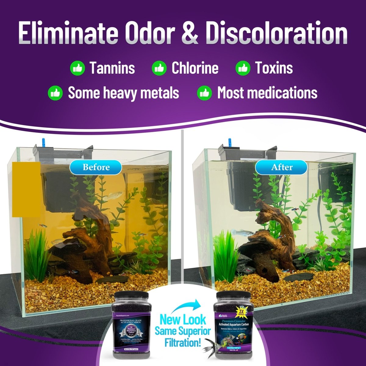 Before and after aquarium water clarity using activated granular carbon, product jars shown