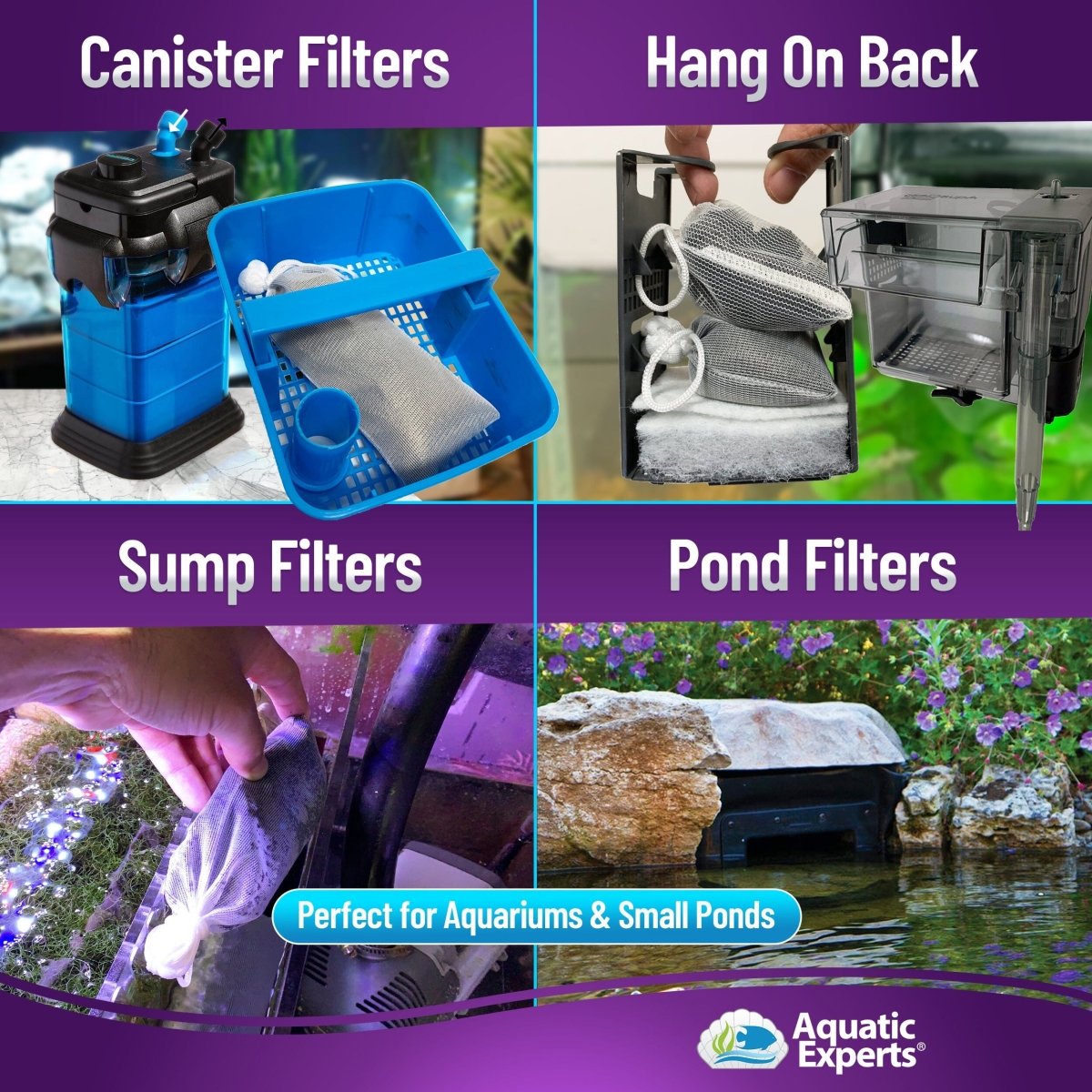 Aquarium filter types including canister, hang on back, sump, and pond filters with activated carbon.