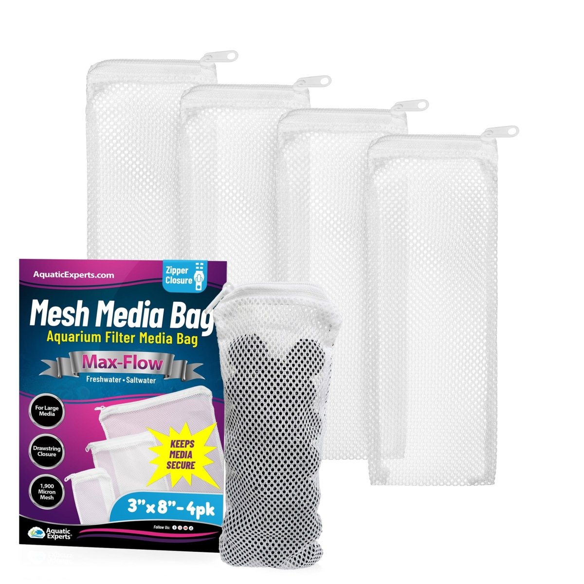 Aquarium filter media mesh bags 3x8 inch 4-pack with zipper closure for freshwater or saltwater