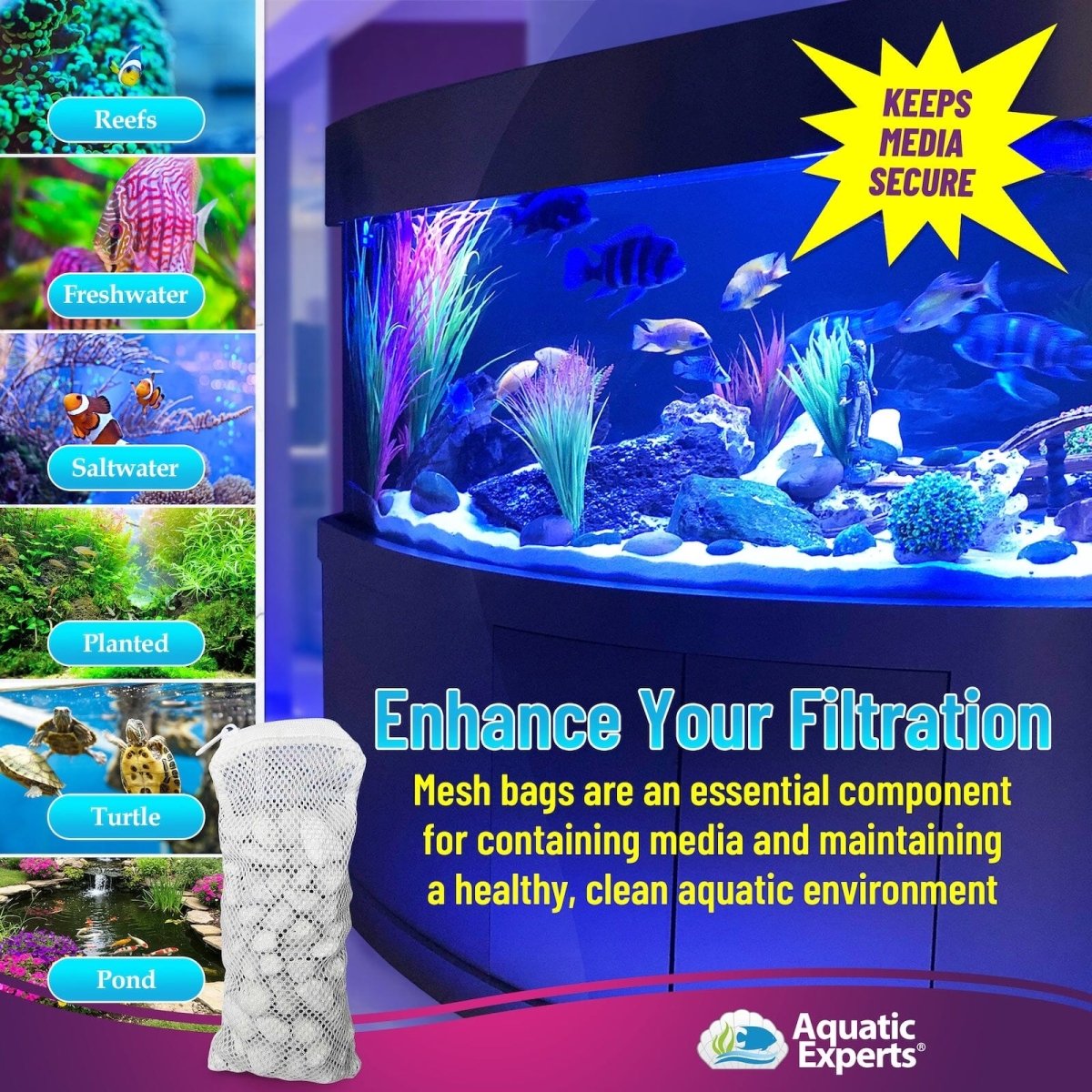 Aquarium mesh filter bag with cichlids, aquatic plants, and filtration media for clean fish tanks